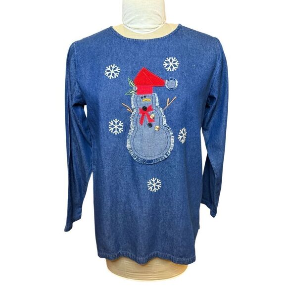Quacker Factory Denim/Chambray 2-Pc Skirt & Top Holiday Snowman Set Sz. S - Picture 7 of 14